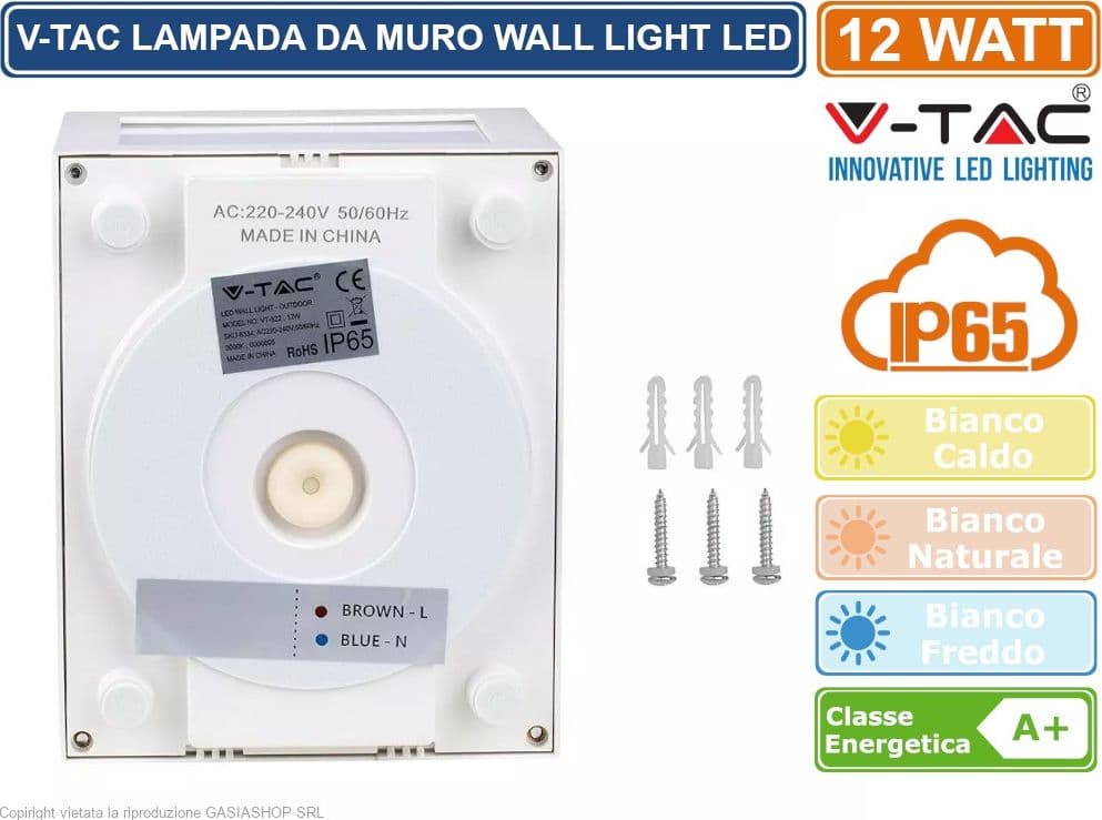 V-TAC VT-822 LAMPADA LED DA MURO 12W WALL LIGHT COLORE BIANCO - SKU 8334 / 8335 / 8336 - 2
