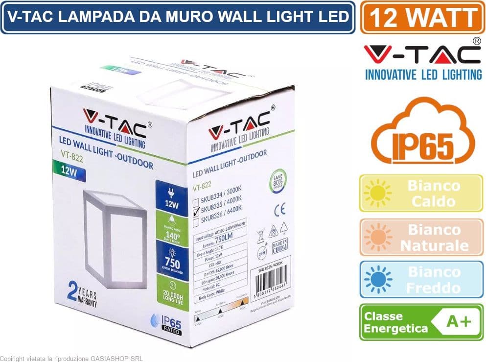 V-TAC VT-822 LAMPADA LED DA MURO 12W WALL LIGHT COLORE BIANCO - SKU 8334 / 8335 / 8336 - 3
