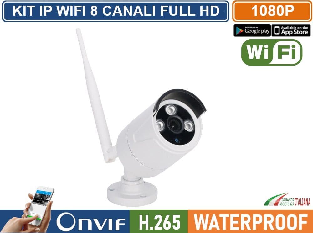 KIT VIDEOSORVEGLIANZA IP WIRELESS WIFI NVR 8 CH 8 TELECAMERE BULLET IR-CUT 2MP DA ESTERNO IP66 - 2