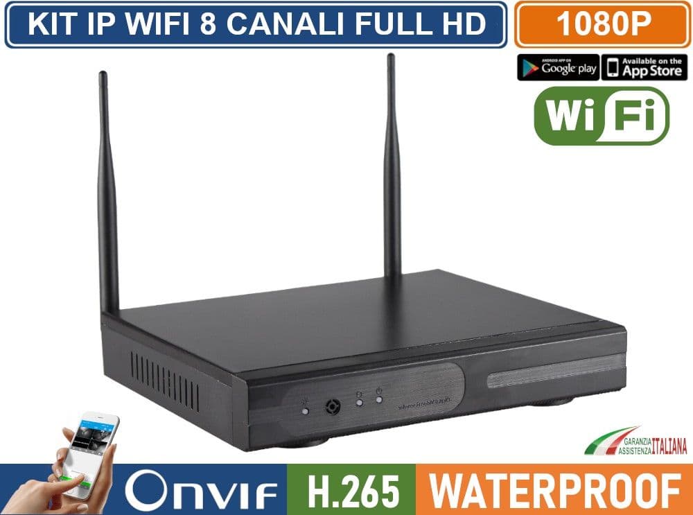 KIT VIDEOSORVEGLIANZA IP WIRELESS WIFI NVR 8 CH 8 TELECAMERE BULLET IR-CUT 2MP DA ESTERNO IP66 - 3