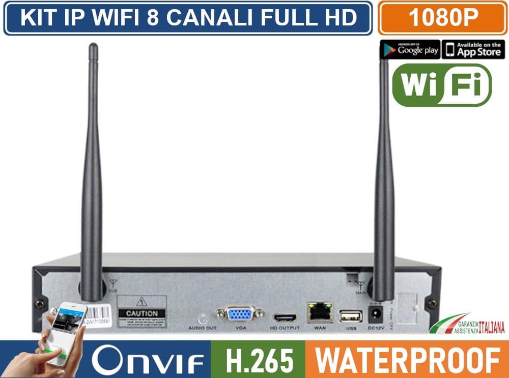 KIT VIDEOSORVEGLIANZA IP WIRELESS WIFI NVR 8 CH 8 TELECAMERE BULLET IR-CUT 2MP DA ESTERNO IP66 - 4