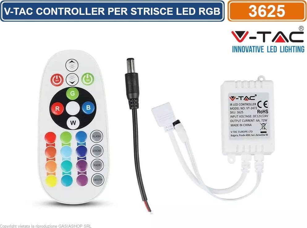 V-TAC CONTROLLER PER STRISCE LED RGB CON TELECOMANDO 24 TASTI - SKU 3625 - 5