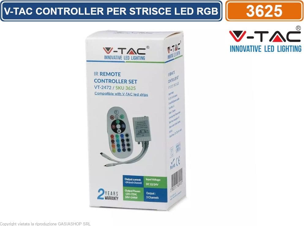 V-TAC CONTROLLER PER STRISCE LED RGB CON TELECOMANDO 24 TASTI - SKU 3625 - 4