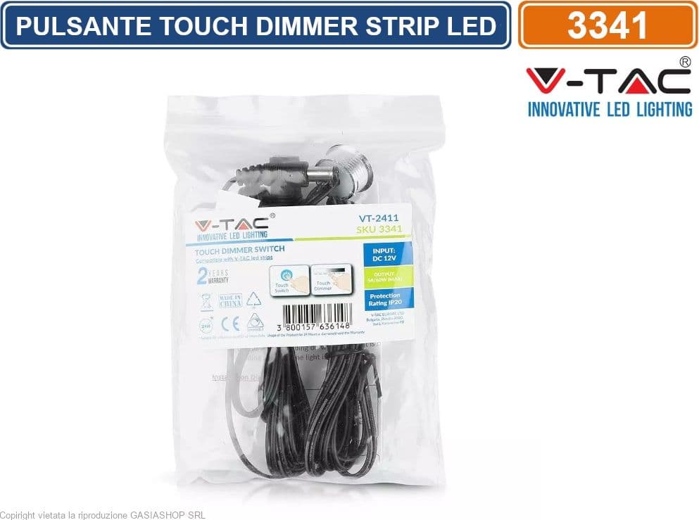 V-TAC VT-2411 PULSANTE TOUCH CON DIMMER E ILLUMINAZIONE PER STRISCE LED - SKU 3341 - 4