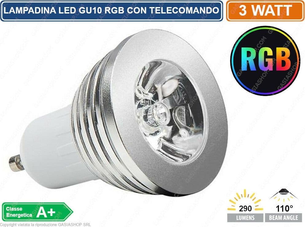 LAMPADINA LED GU10 3W FARETTO SPOTLIGHT 110° RGB CON TELECOMANDO CROMOTERAPIA - 2