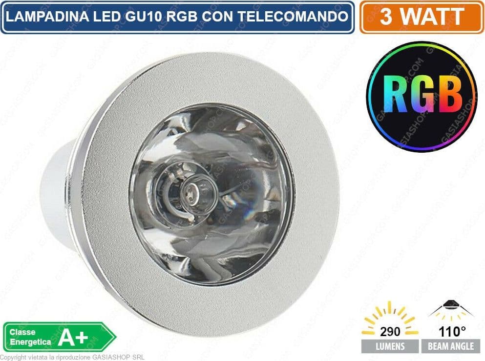 LAMPADINA LED GU10 3W FARETTO SPOTLIGHT 110° RGB CON TELECOMANDO CROMOTERAPIA - 3