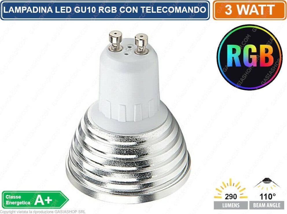 LAMPADINA LED GU10 3W FARETTO SPOTLIGHT 110° RGB CON TELECOMANDO CROMOTERAPIA - 4