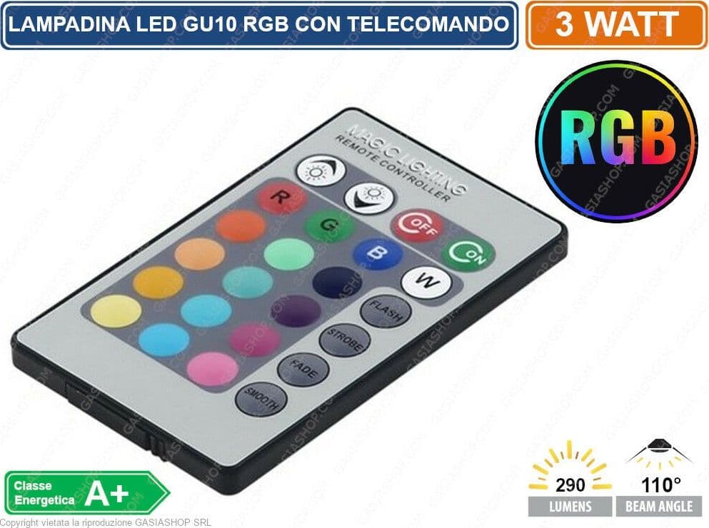 LAMPADINA LED GU10 3W FARETTO SPOTLIGHT 110° RGB CON TELECOMANDO CROMOTERAPIA - 5