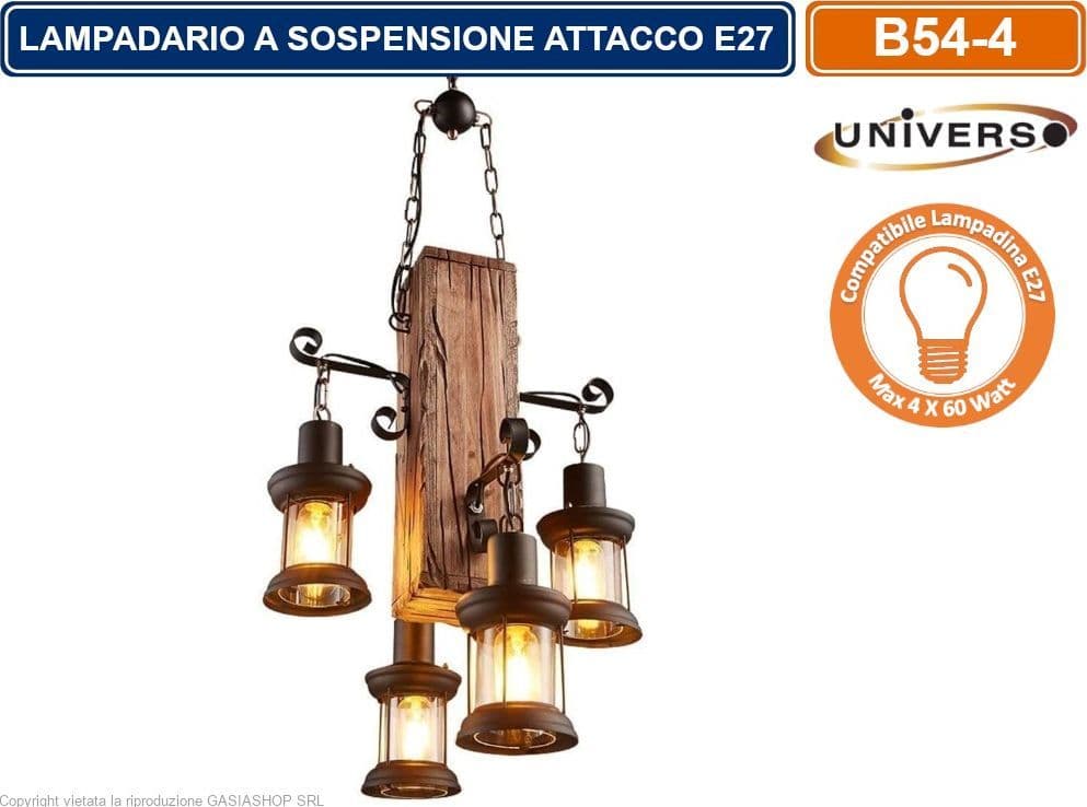 LAMPADARIO A SOSPENSIONE RUSTICO INDUSTRIAL CON 4 LANTERNE ATTACCO E27 LEGNO E METALLO B54-4 - 3