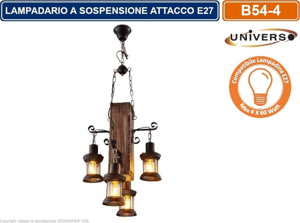 LAMPADARIO A SOSPENSIONE RUSTICO INDUSTRIAL CON 4 LANTERNE ATTACCO E27 LEGNO E METALLO B54-4 - 2