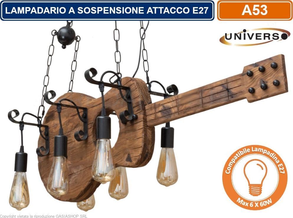 LAMPADARIO A SOSPENSIONE COUTRY RUSTICO IN LEGNO A FORMA DI CHITARRA CON 6 ATTACCHI E27 - 3