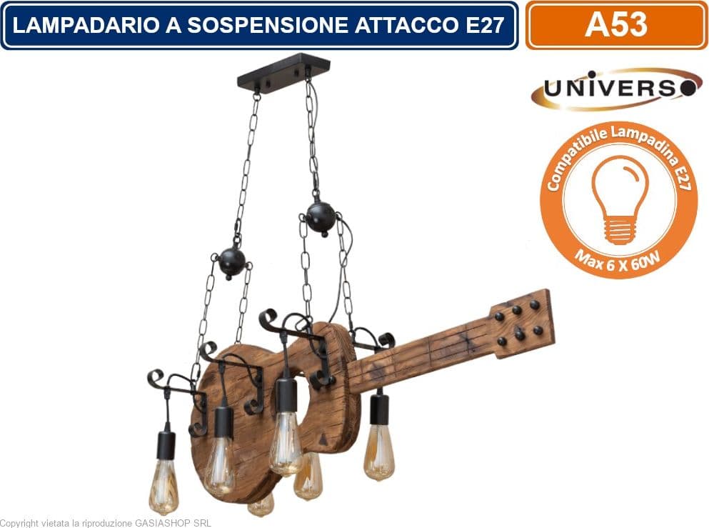 LAMPADARIO A SOSPENSIONE COUTRY RUSTICO IN LEGNO A FORMA DI CHITARRA CON 6 ATTACCHI E27 - 2