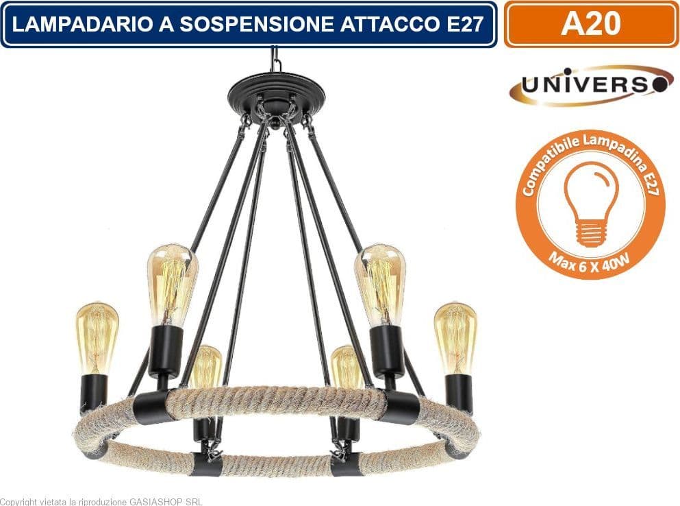 LAMPADARIO A SOSPENSIONE COUTRY RUSTICO IN CORDA DI FORMA CIRCOLARE CON 6 ATTACCHI E27 - 3