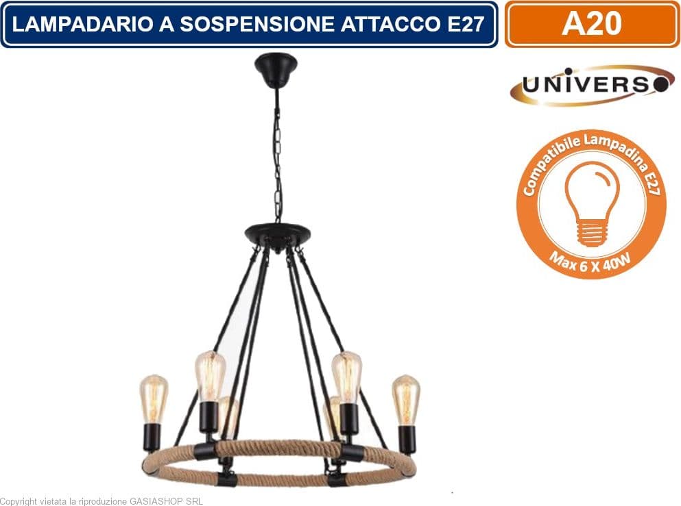 LAMPADARIO A SOSPENSIONE COUTRY RUSTICO IN CORDA DI FORMA CIRCOLARE CON 6 ATTACCHI E27 - 2