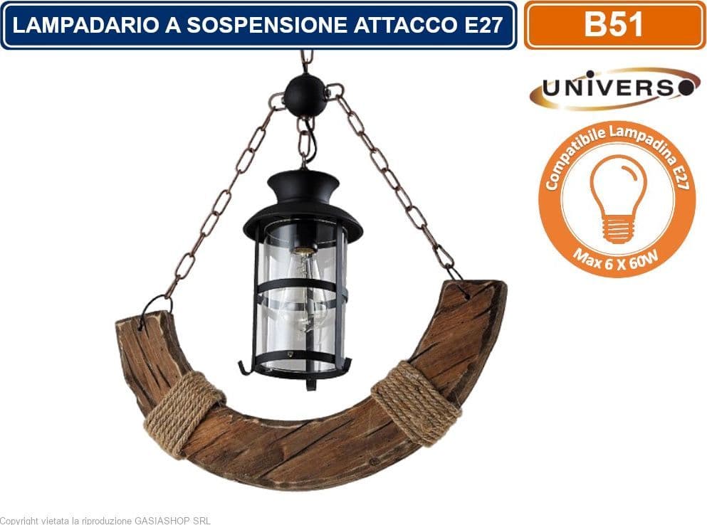 LAMPADARIO A SOSPENSIONE COUTRY RUSTICO IN LEGNO CON LANTERNA ATTACCO E27 - 2