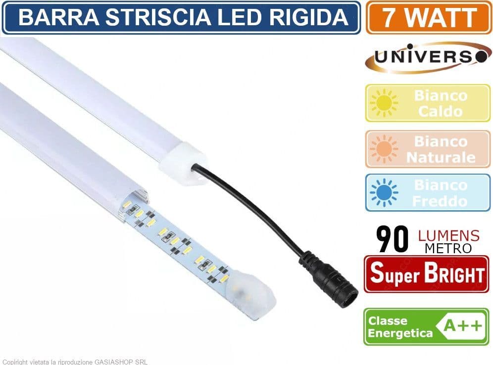 UNIVERSO STRISCIA LED RIGIDA 7W SMD 3014 MONOCOLORE CON PROFILO IN ALLUMINIO BARRA DA 60 CM - 3