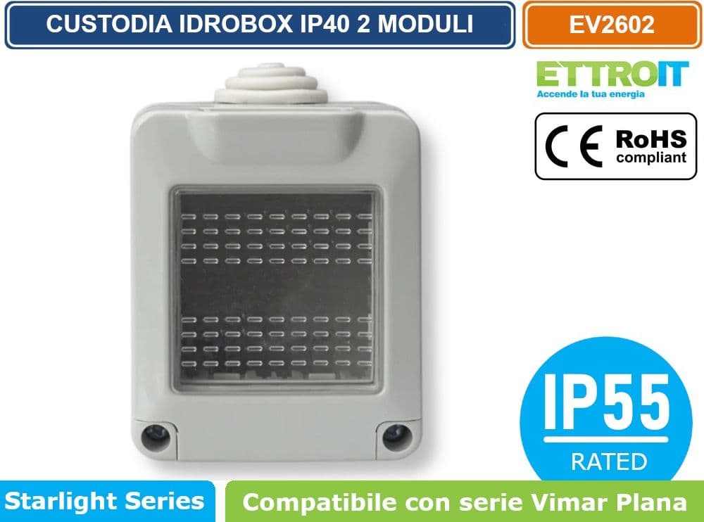 ETTROIT EV2602 CUSTODIA CONTENITORE DA PARETE IDROBOX 2 MODULI IP55 COMPATIBILE SERIE VIMAR PLANA - 2