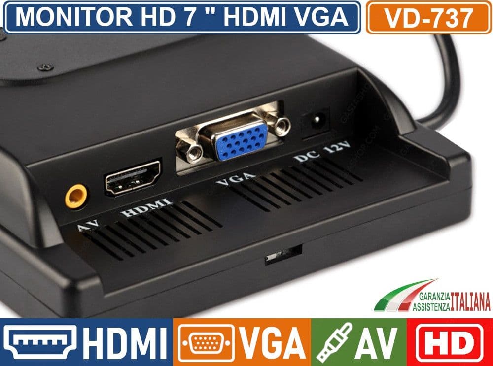 MONITOR TFT LED 7" POLLICI CON TELECOMANDO HDMI VGA DOPPIO INGRESSO VIDEO AV1 AV2 - 2