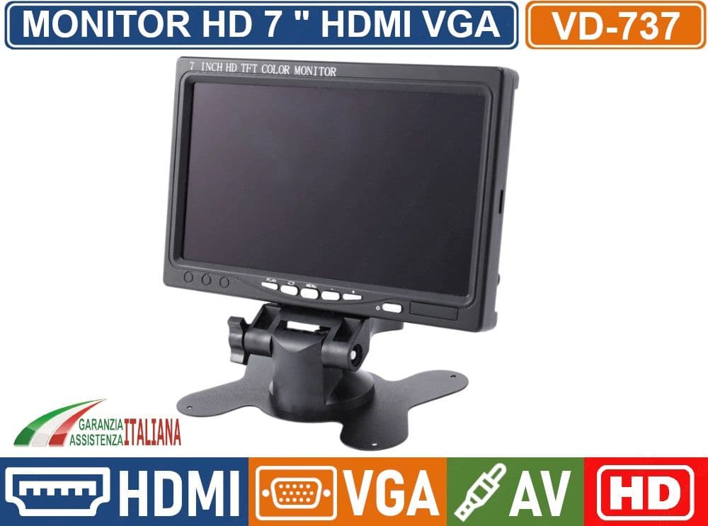 MONITOR TFT LED 7" POLLICI CON TELECOMANDO HDMI VGA DOPPIO INGRESSO VIDEO AV1 AV2 - 3