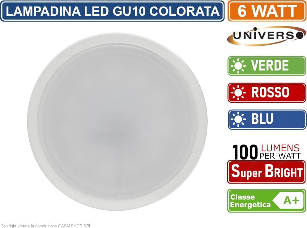 LAMPADINA LED GU10 6W FARETTO SPOTLIGHT 110° COLORE LUCE ROOSO VERDE BLU - 4
