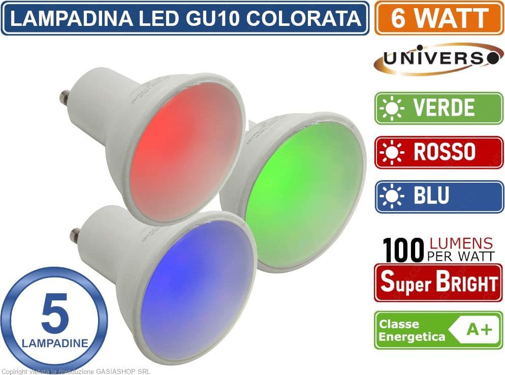 CONFEZIONE 5 PEZZI LAMPADINA LED GU10 6W FARETTO SPOTLIGHT 110° COLORE LUCE ROOSO VERDE BLU
