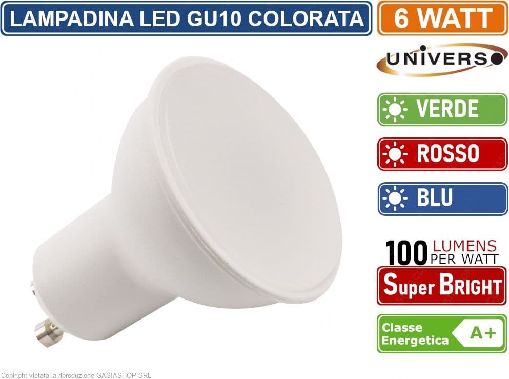 CONFEZIONE 5 PEZZI LAMPADINA LED GU10 6W FARETTO SPOTLIGHT 110° COLORE LUCE ROOSO VERDE BLU - 2