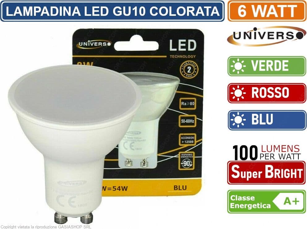 CONFEZIONE 5 PEZZI LAMPADINA LED GU10 6W FARETTO SPOTLIGHT 110° COLORE LUCE ROOSO VERDE BLU - 5