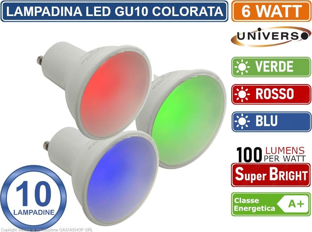 CONFEZIONE 10 PEZZI LAMPADINA LED GU10 6W FARETTO SPOTLIGHT 110° COLORE LUCE ROOSO VERDE BLU