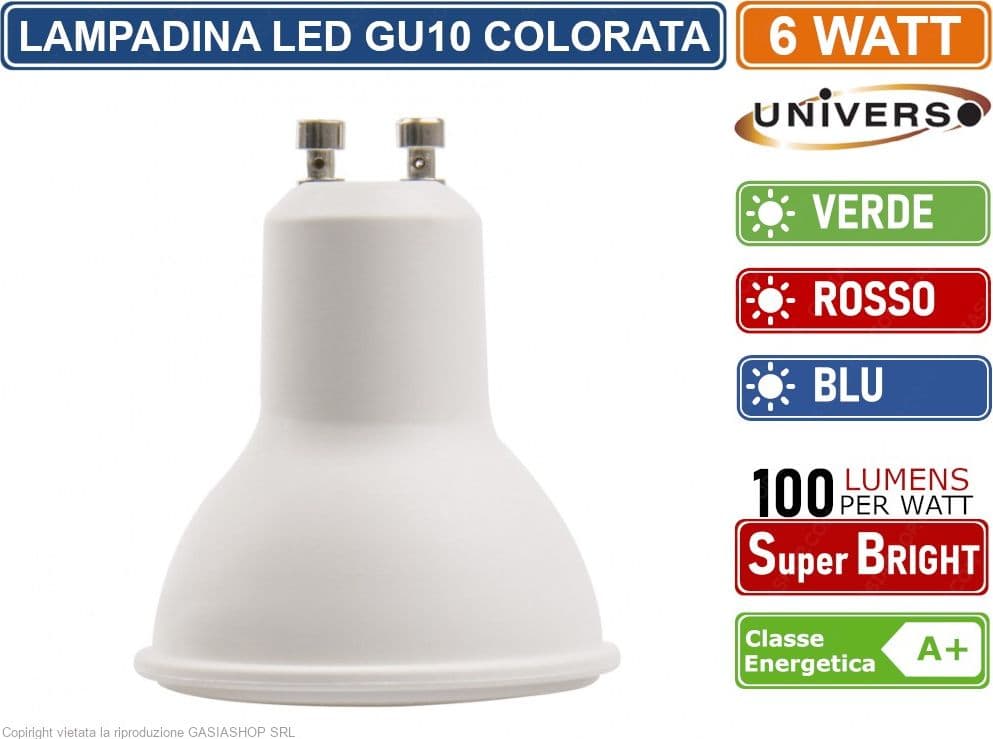 CONFEZIONE 10 PEZZI LAMPADINA LED GU10 6W FARETTO SPOTLIGHT 110° COLORE LUCE ROOSO VERDE BLU - 3