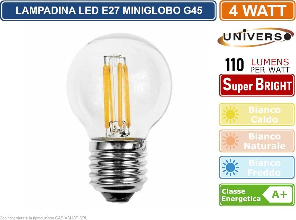 UNIVERSO LAMPADINA LED E27 4W MINIGLOBO G45 A FILAMENTO 440 LUMEN