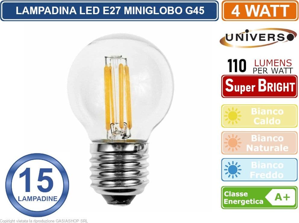 15 PEZZI LAMPADINA UNIVERSO LED E27 4W MINIGLOBO G45 A FILAMENTO 440 LUMEN