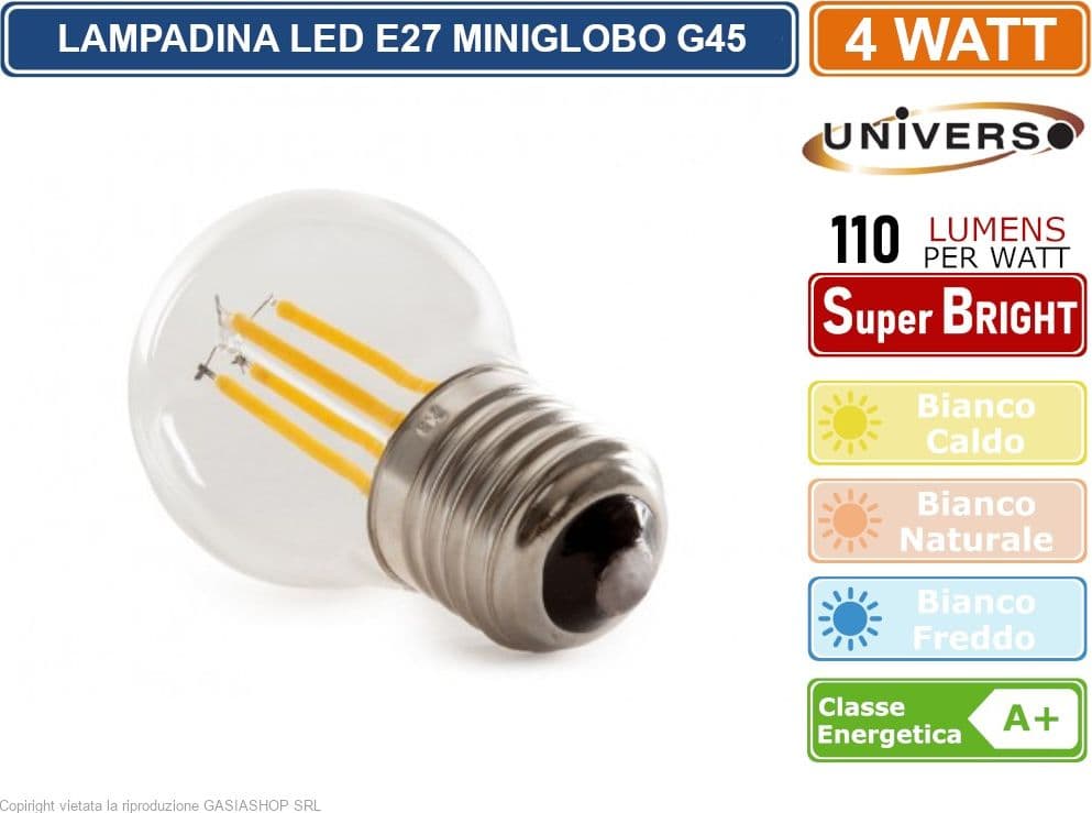 15 PEZZI LAMPADINA UNIVERSO LED E27 4W MINIGLOBO G45 A FILAMENTO 440 LUMEN - 3