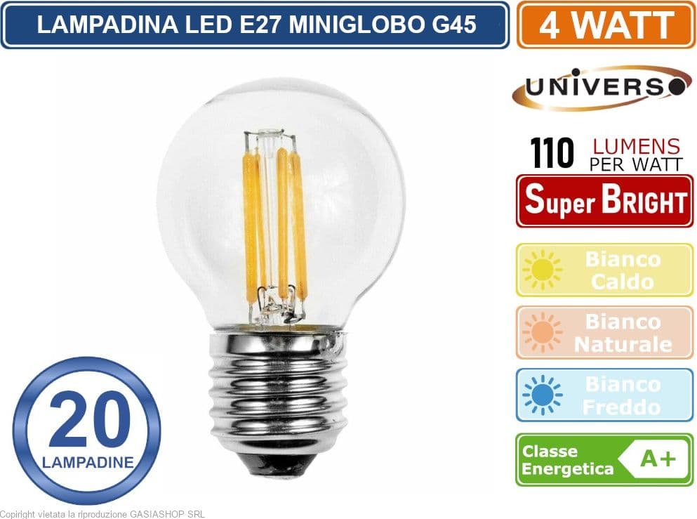 20 PEZZI LAMPADINA UNIVERSO LED E27 4W MINIGLOBO G45 A FILAMENTO 440 LUMEN