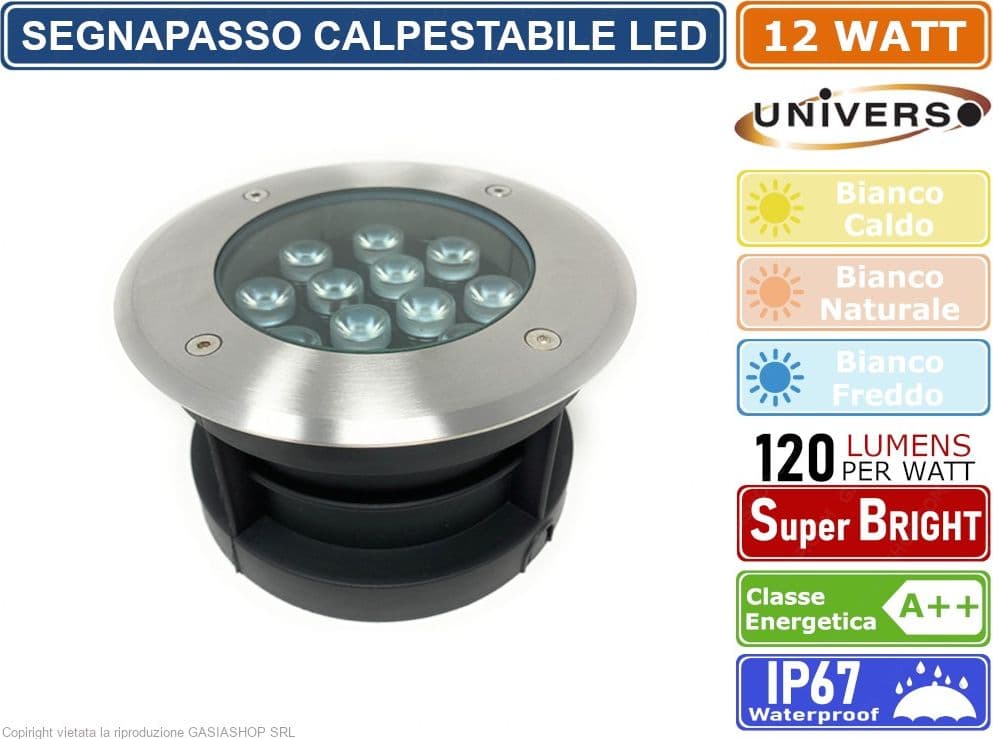 FARETTO SEGNAPASSO CALPESTABILE LED DA INTERRAMENTO 12W WATT SMD POWER LED DA ESTERNO IP67 - 2