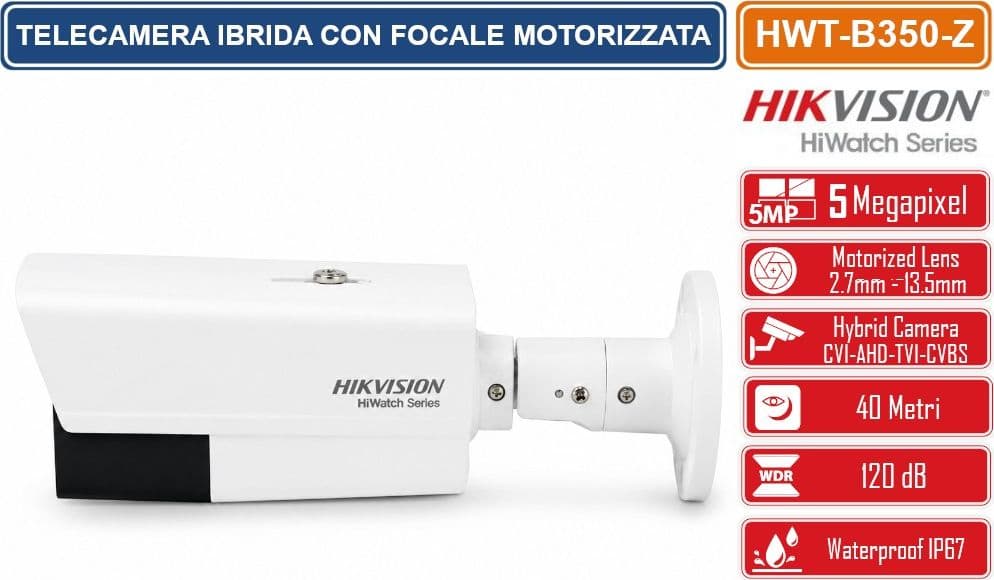 HIKVISION HWT-B350-Z TELECAMERA BULLET IBRIDA 5MP VARIFOCALE CON OTTICA MOTORIZZATA 4IN1 TVI/AHD/CVI/CVBS  IP66 - 2