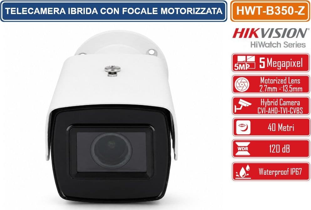 HIKVISION HWT-B350-Z TELECAMERA BULLET IBRIDA 5MP VARIFOCALE CON OTTICA MOTORIZZATA 4IN1 TVI/AHD/CVI/CVBS  IP66 - 3