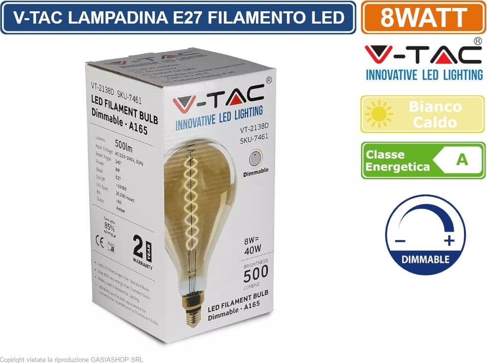 V-TAC VT-2138D LAMPADINA E27 FILAMENTO LED A DOPPIA SPIRALE 8W BULB A160 CON VETRO AMBRATO DIMMERABILE - SKU 7461 - 2