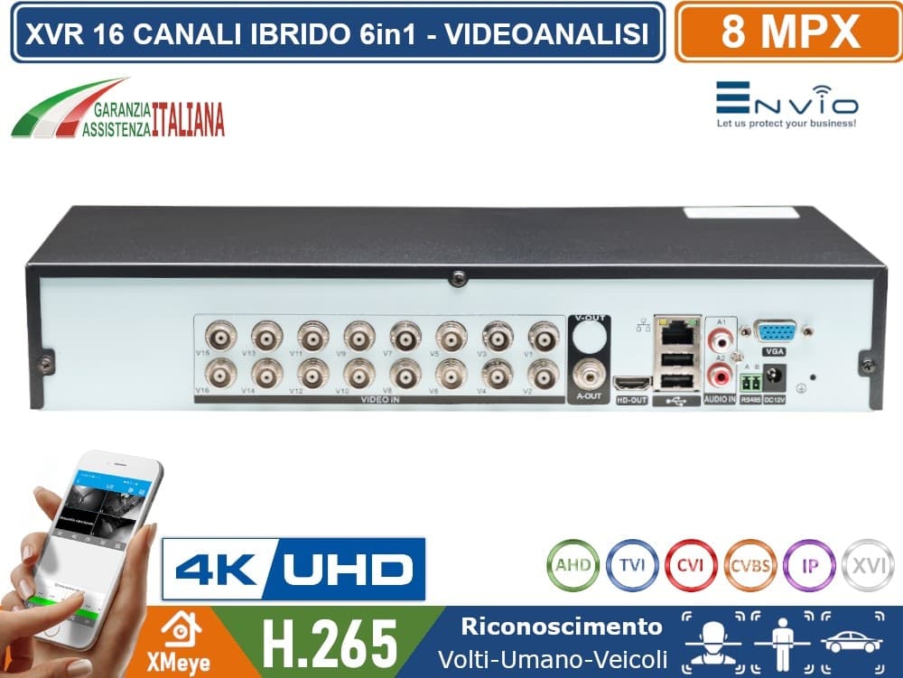 ENVIO AML2-816 DVR/XVR IBRIDO AI 16 CANALI 4K ULTRA HD 8MP 6 IN 1 HUMAN DETECT FACE RECOGNITION CLOUD P2P - 3