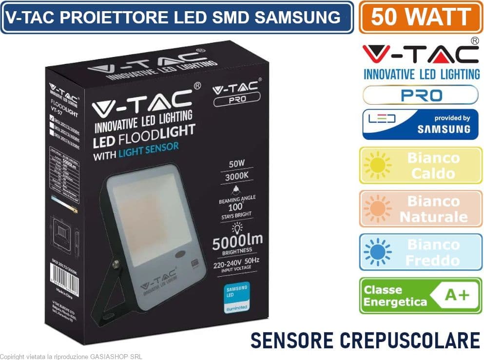 V-TAC PRO VT-57 FARO LED SMD CHIP SAMSUNG 50W SENSORE CREPUSCOLARE IP65 DA ESTERNO COLORE NERO - SKU 20172 / 20173 / 20174 - 2