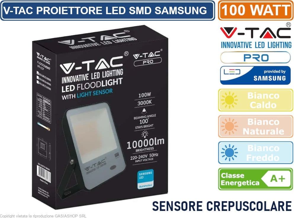 V-TAC PRO VT-117 FARO LED SMD CHIP SAMSUNG 100W SENSORE CREPUSCOLARE IP65 DA ESTERNO COLORE NERO - SKU 20175 / 20176 / 20177 - 2