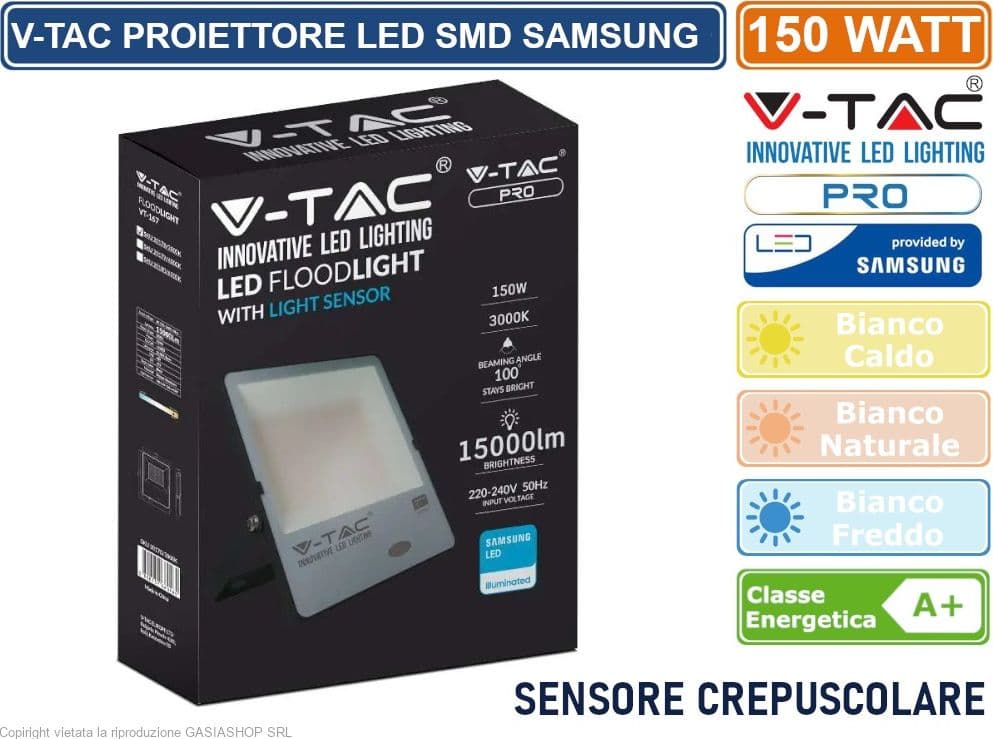 V-TAC PRO VT-167 FARO LED SMD CHIP SAMSUNG 150W SENSORE CREPUSCOLARE IP65 DA ESTERNO COLORE NERO - SKU 20178 / 20179 / 20180 - 2