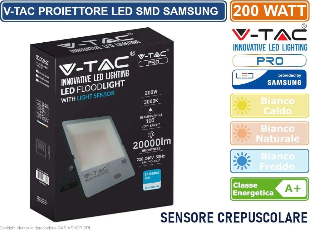 V-TAC PRO VT-272 FARO LED SMD CHIP SAMSUNG 200W SENSORE CREPUSCOLARE IP65 DA ESTERNO COLORE NERO - SKU 20181 / 20182 / 20183 - 2
