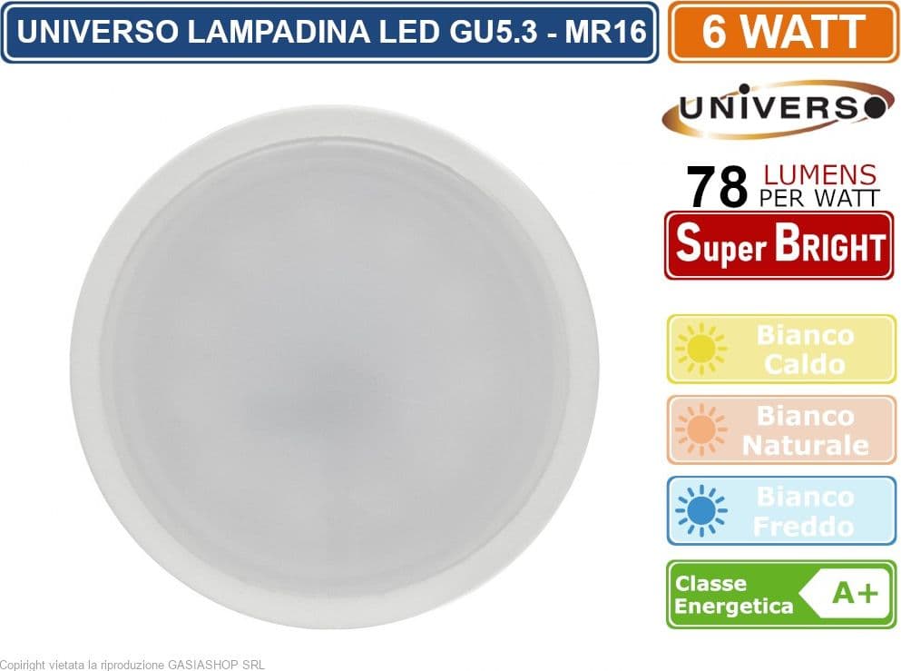 KIT 10 LAMPADINE UNIVERSO SMD LED GU5.3 MR16 6W FARETTO SPOTLIGHT 470 LUMEN 12V 3000K - 4000K - 6500K - 2