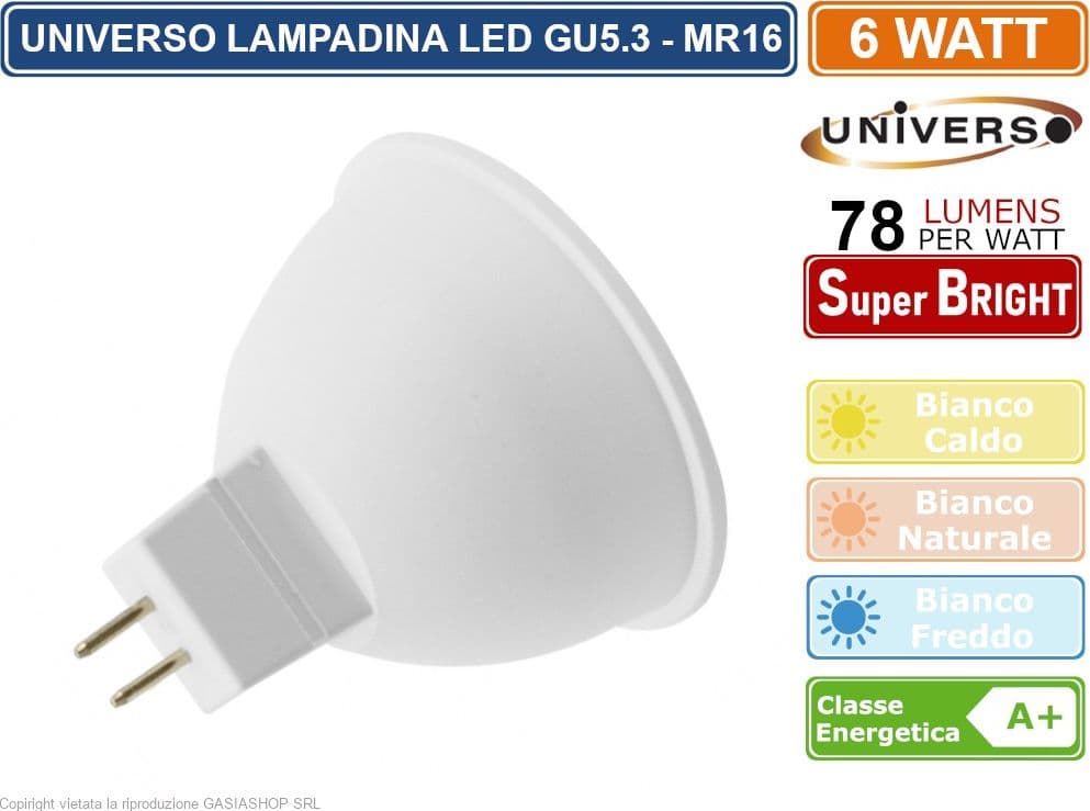 KIT 15 LAMPADINE UNIVERSO SMD LED GU5.3 MR16 6W FARETTO SPOTLIGHT 470 LUMEN 12V 3000K - 4000K - 6500K - 2