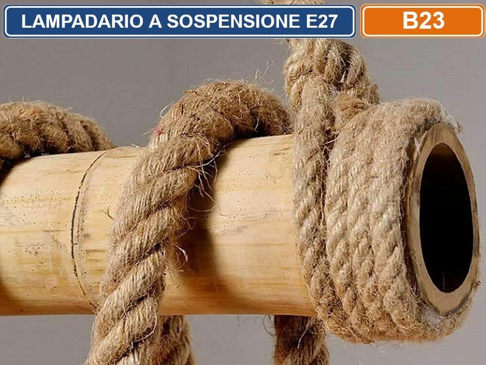 LAMPADARIO A SOSPENSIONE COUNTRY IN CORDA CANAPA BAMBU 4 ATTACCHI E27 160W - 2