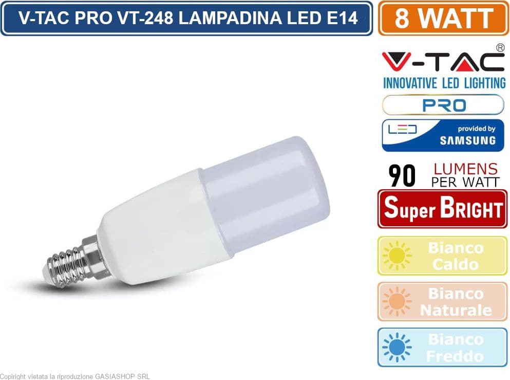 V-TAC PRO VT-248 LAMPADINA LED E14 8W TUBOLARE T37 CHIP SAMSUNG - SKU 267 / 268 / 269 - 2