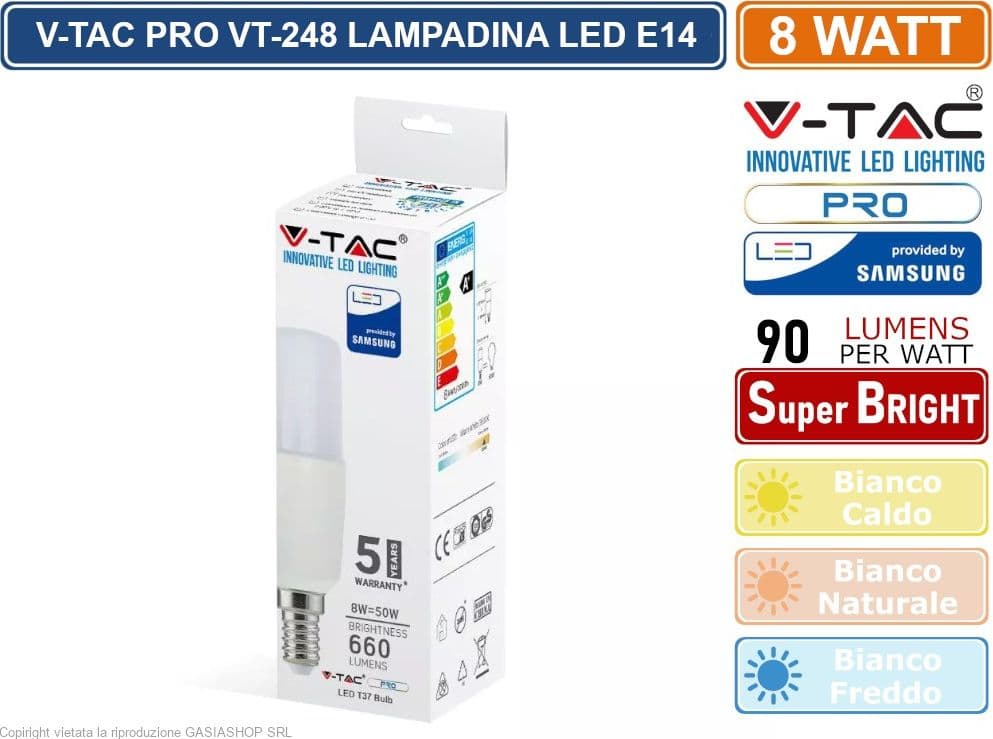 V-TAC PRO VT-248 LAMPADINA LED E14 8W TUBOLARE T37 CHIP SAMSUNG - SKU 267 / 268 / 269 - 3