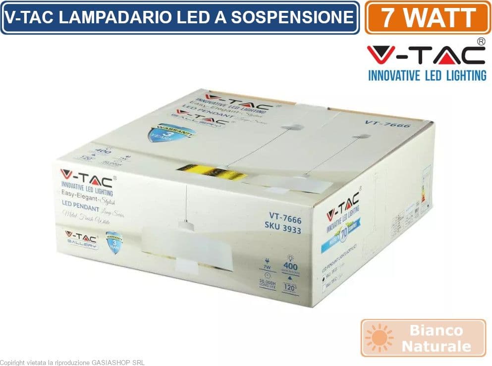 V-TAC VT-7666 LAMPADARIO A SOSPENSIONE LED 7W CAMPANA COLORE BIANCO - SKU 3933 - 3