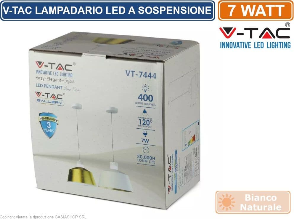 V-TAC VT-7444 LAMPADARIO A SOSPENSIONE LED 7W CAMPANA COLORE BIANCO - SKU 3931 - 3