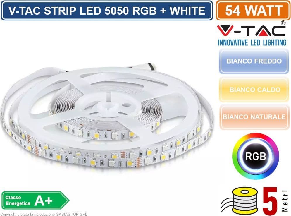 V-TAC STRISCIA LED 5050 MULTICOLORE RGB+W 60 LED/METRO - BOBINA DA 5 METRI - SKU 2553 / 2552 / 2159 - 5